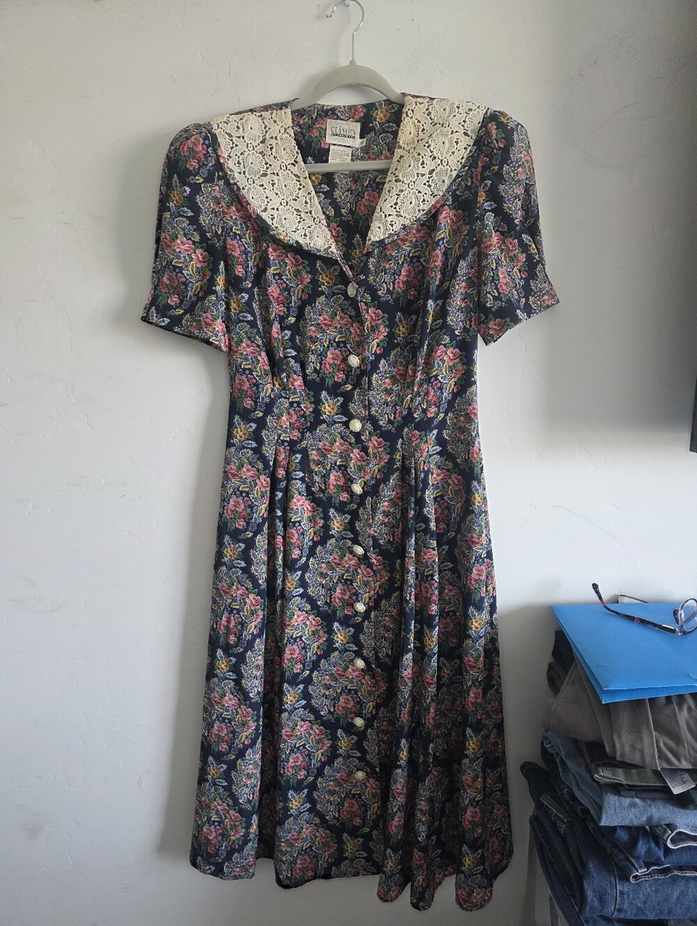 Leslie Fay Navy Floral Midi Dress with Cream Lace Collar